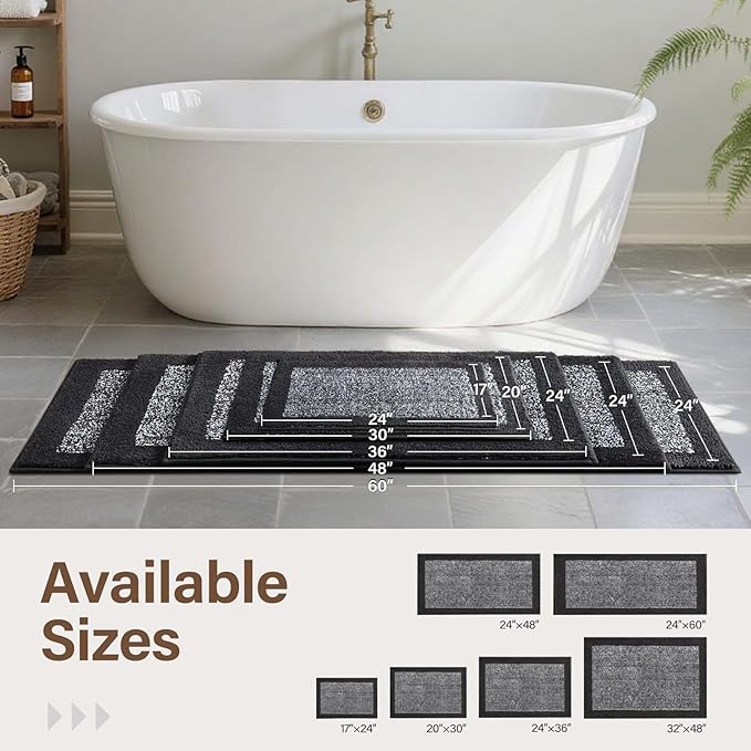 70x24 Long Bathroom Rugs Washable Non Slip, Dark Grey Bath Mat for Bathroom Floor Tub, Soft Absorbent Quick Dry Mats for Shower, Bathtub,Home Decor