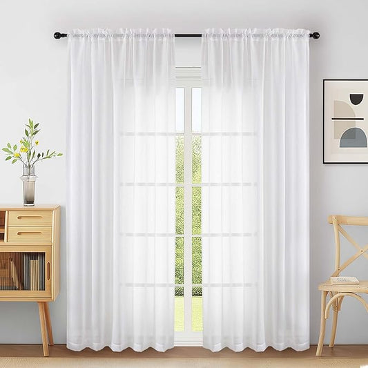 Extra Wide White Sheer Curtains 90 Inches Long 2 Panels, Light Filtering Lightweight Solid Sheer Curtains for Bedroom Living Room, Window Voile Sheer Drapes, Dual Rod Pocket, 2x59Wx90L Inches