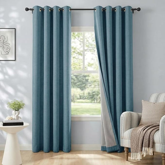 100% Blackout Shield Linen Blackout Curtains for Bedroom, Stone Blue Grommet Curtains for Living Room, Thermal Insulated Room Darkening Drapes for Nursery, Boho Home Decor, 50" W x 90" L, 2 Panels