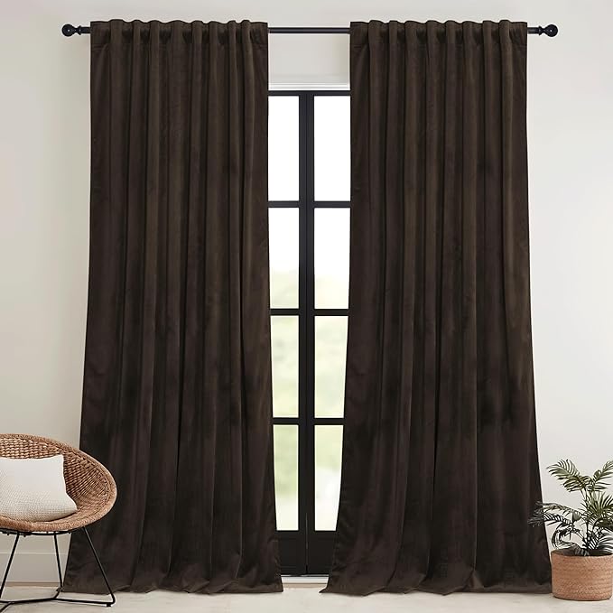 RYB HOME Brown Blackout Curtains 90 inches Long Velvet, Room Darkening Thermal Insulated Drapes with Hook Belt for Bedroom Home Theater, W 52 x L 90 inches, 2 Panels Set