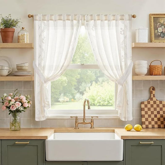 jinchan Belrose Linen Floral Cafe Curtains 45 Inch Length Embroidered Farmhouse Curtains for Kitchen Bedroom Bathroom Small Windows Curtain Set Light Filtering 2 Panels White