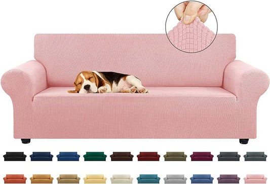 KEKUOU Stretch Sofa Cover Slipcover ，Couch Covers for 3 Cushion Couch Sofa pet Friendly (78"-94") Furniture Protector Sofa with Elastic Bottom for Kids,Dog, Jacquard Small Checked(Large,Dusty Pink)
