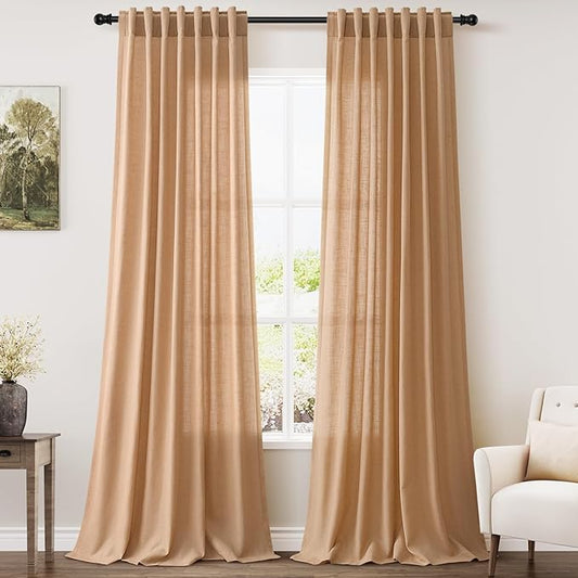 Extra Long Camel Linen Curtains 2 Panels 102 Inches Long for Living Room Back Tab Rod Pocket Light Filtering Semi Sheer Drapes Soft Cotton Textured Window Curtain 102 Inch Length for Bedroom.