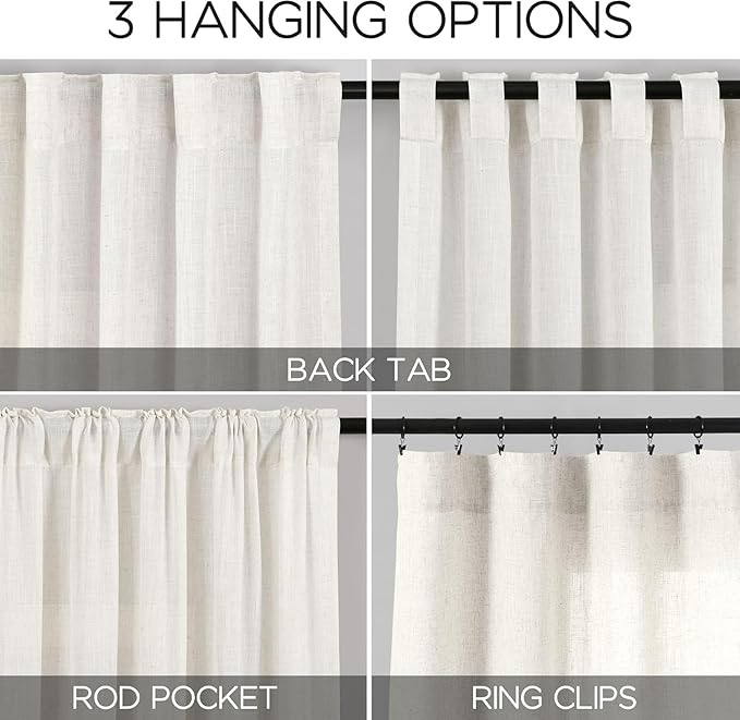 Nanspring Beige White Linen Curtains 90 Inches Long for Living Room 2 Panels Set Semi Sheer Vertical Curtains Back Tab Rod Pocket Coastal Room Decor Privacy Curtain for Bedroom/Dinner Room 60x90