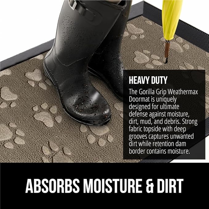 GORILLA GRIP 100% Waterproof All-Season WeatherMAX Doormat, 47x35, US Designed Natural Rubber, Stain and Fade Resistant, Low Profile Indoor Outdoor Door Mats, Easy Clean Patio Mat, Tan Pawprints