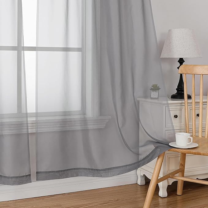 Simplebrand Grey Short Sheer Kitchen Tier Curtains 36/42 Inch Rod Pocket Cafe Curtains Half Window for Bathroom/Small Windows, 2 Panels