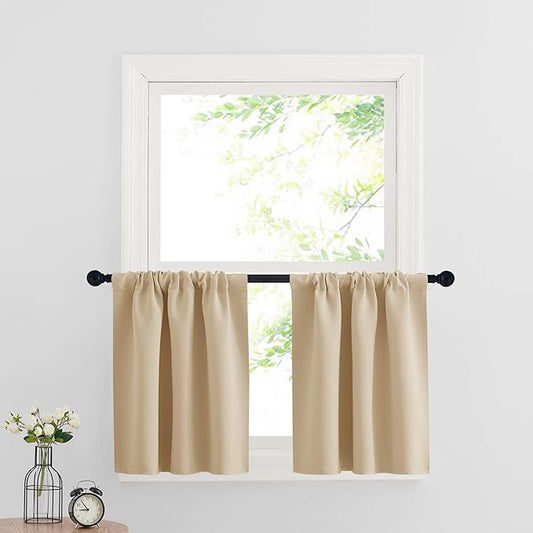 RYB HOME Cafe Curtains 24 inch Length, RV Curtains for Camper Windows, Mini Short Small Insulating Light UV Heat Blocking Privacy Half Window Tiers, Width 42 by Length 24, Biscotti Beige, 2 Panels