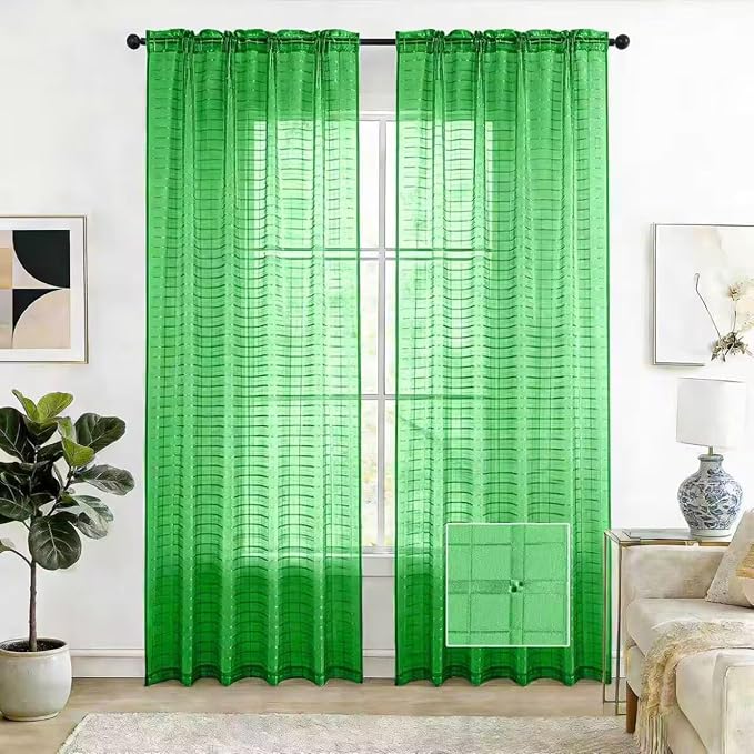 SpaceDresser Check Sheer Curtains 90 Inches 2 Panels Set, Rod Pocket Plaid Window Curtain for Living Room, Green Semi Sheer Drapes for Kitchen Bedroom Children Room Yard（Green, 52W x 90L）