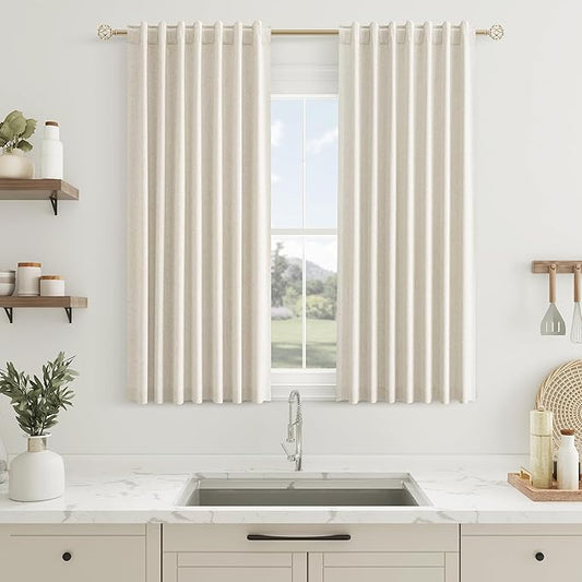 Guken 100% Blackout Curtains 45 Inch Length 2 Panels Set for Living Room Bedroom Back Tab Thermal Insulated Black Out Linen Drapes Room Darkening Window Curtains 45 Inches Long