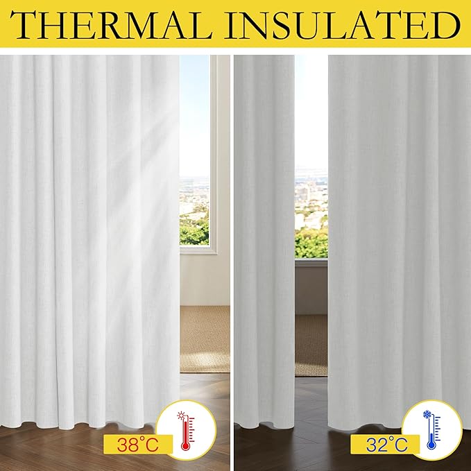 NICETOWN 100% Absolutely Blackout Linen Curtains with Thermal Insulated Liner, Greyish White, 42" Wide, 45" Length Energy Saving Curtains for Dining Room 2 Panels Set, Vertical Blinds