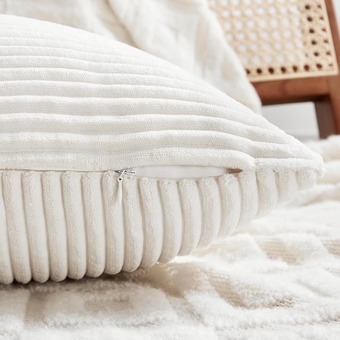 Fancy Homi 2 Packs Cream White Decorative Throw Pillow Covers 18x18 Inch for Living Room Couch Bed Sofa, Farmhouse Boho Home Decor, Soft Corss Corduroy Patchwork Textured Square Cushion Case 45x45 cm