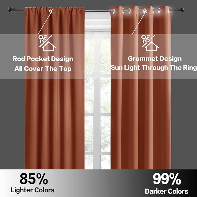 RYB HOME Short Blackout Curtains for Small Window, Sunmmer Heat Light Blocking Privacy Protection Curtains for Sunroom Laundry Room Stair Window, Width 52 by Length 36, Burnt Orange, Set of 2
