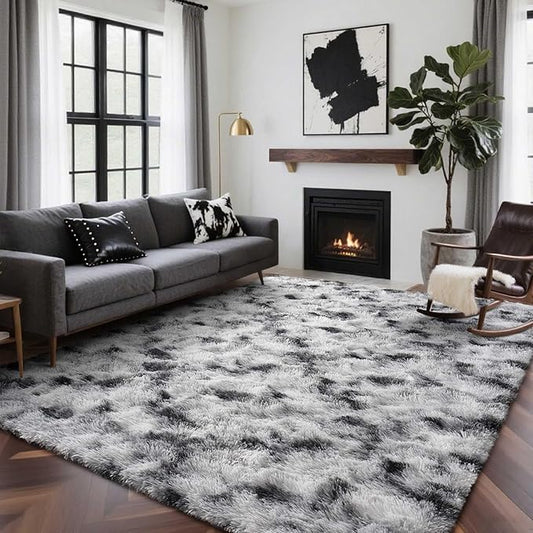 5x7 Ft Large Shag Rugs for Bedroom Living Room Decor for Men Boys, Tie Dyed Ultra Soft Fluffy Furry Area Rug for Indoor Floor, Aesthetic Carpet for Home Decor (Black White)