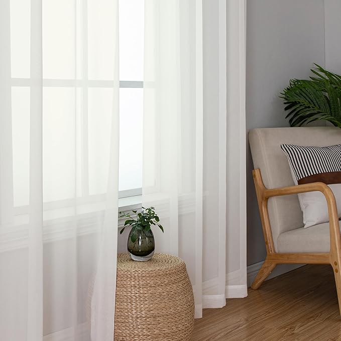 Simplebrand Ivory Sheer Curtains 96 Inches Long, Light Filtering Rod Pocket Solid Color Window Sheer Curtain Panels, Elegant Curtains & Drapes for Living Room, Bedroom 2 Panels (Ivory, 42" W x 96" L)