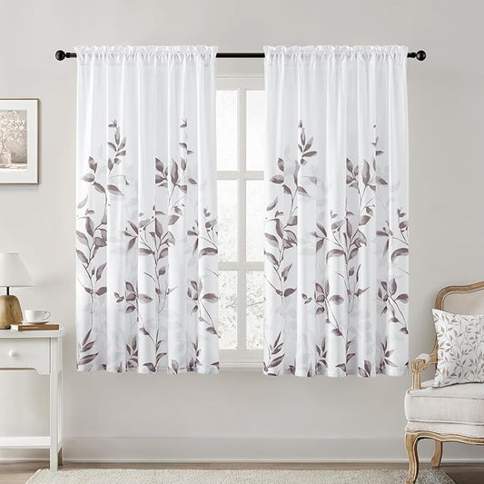 HOMEIDEAS Non-See-Through Dry Rose and White Privacy Sheer Curtains 52 X 63 Inch Length 2 Panels, Leaf Floral Printed Light Filtering Semi Sheer Window Curtains Drapes for Bedroom Living Room