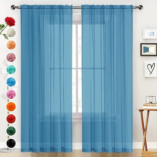 SpaceDresser Basic Rod Pocket Sheer Voile Window Curtain Panels Blue 1 Pair 2 Panels 52 Width 54 Inch Long for Kitchen Bedroom Children Living Room Yard（Blue, 52W x 54L）