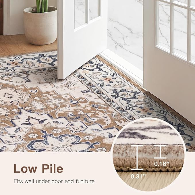 Lofus 3x5 Area Rugs for Living Room, Machine Washable Area Rug, Soft Small Rugs for Bedroom, Kitchen, Office and Indoor, Vintage Boho Carpet, Non-Slip Low Pile Carpets, Floral Brown