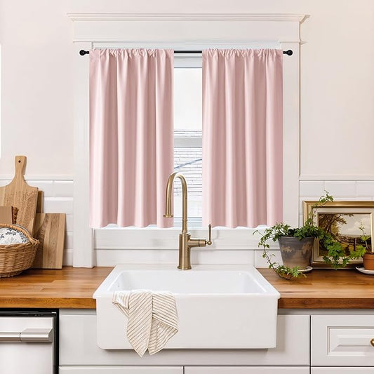 RYB HOME 100% Blackout Short Curtains for Small Window, Thermal Insulated Total Room Darkening Noise Reducing Curtains for Basement Bathroom Basement, 29 inches Wide by 45 inches Long, Baby Pink