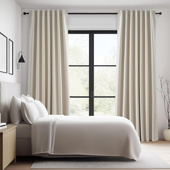 Topfinel 95 Inch Curtains Linen Blackout Curtains 2 Panel Set 100% Blackout Heat Reducing Room Darkening Curtains for Bedroom/Dorm UV Blocking/Noise Canceling Ivory Cream Drapes Back Tab Hooks&Rings