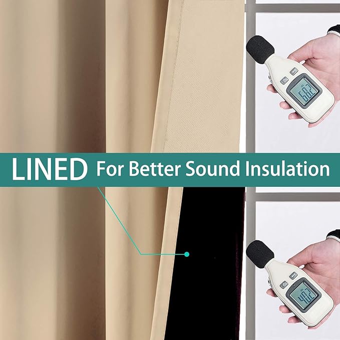 Yakamok Beige 100% Blackout Curtains for Bedroom with Black Liner, 2 Thick Layers Full Room Darkening Thermal Insulated Noise Reducing Grommet Blackout Curtains (52Wx54L, 2 Panels)