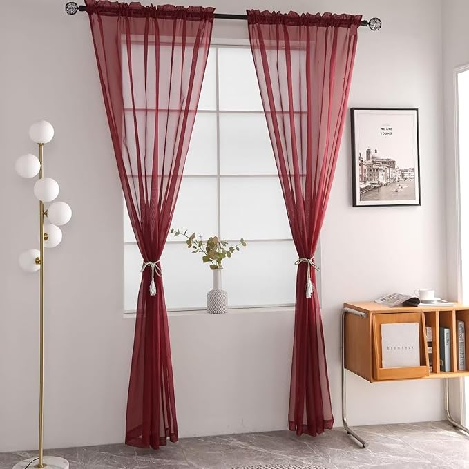 SpaceDresser Burgundy Sheer Curtains 4 Panels Rod Pocket Semi-Sheer Curtain 84 Inches Long Light Filtering Voile Window Drapes for Bedroom Living Room Kitchen, Each 52W x 84L