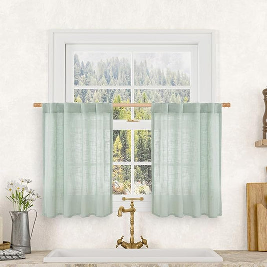 LAMIT Short Linen Window Curtains 30 Inches Long 2 Panels, Light Sage Semi Sheer Light Filtering Panels Back Tab and Rod Pocket Neutral Drapes for Basement/Small Windows, 34 x 30 Inch