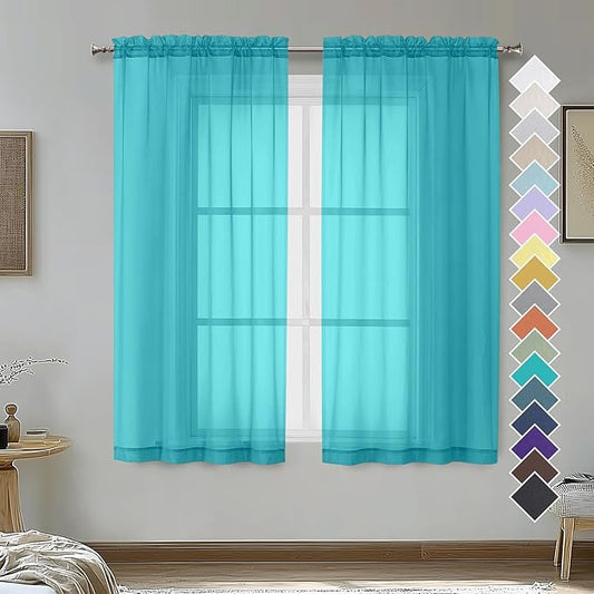 OVZME Turquoise Sheer Curtains 54 Inches Long 2 Panels - Soft Light Filtering Window Sheer Panels for Living Room/Bedroom, Top Dual Rod Pocket, 1 Pair, Each 42Wx54L Inches