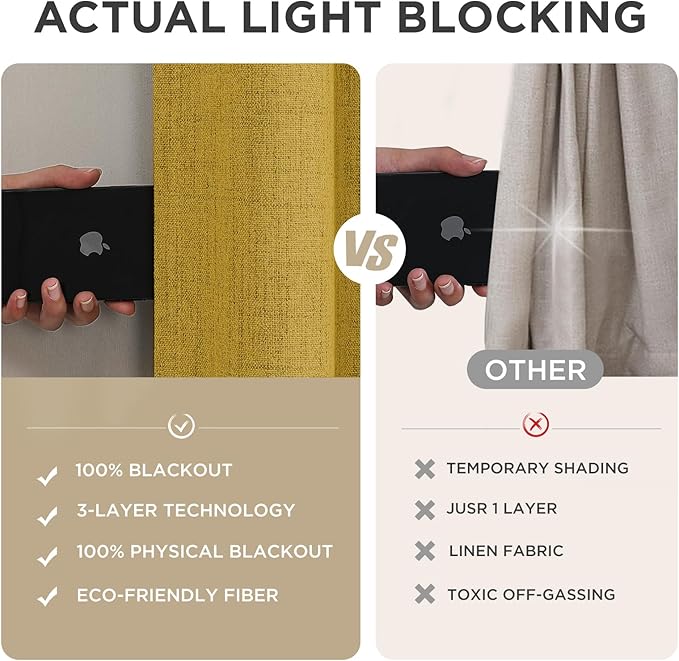 Joydeco Blackout Curtains for Bedroom - 100% Light Blocking 2 Panels Set Yellow Drapes 42" W x 96" L, Thermal Insulated Room Darkening Curtains, Linen Textured for Living Room, Rod Pocket & Back Tabs