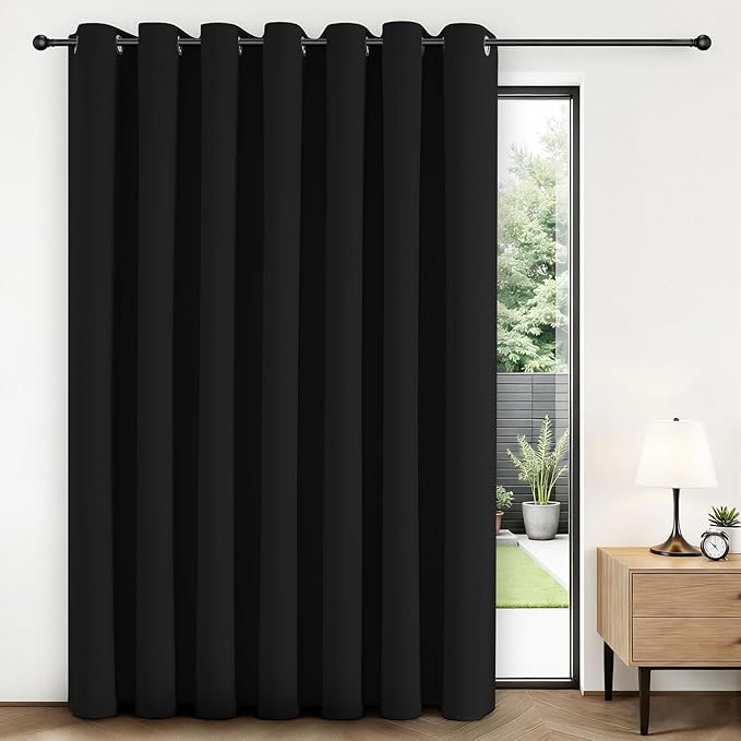 Joydeco Blackout Patio Sliding Door Curtains 108 Inches Long, Grommet Privacy Room Divider Curtains, Extra Wide Thermal Blackout Drapes for Bedroom Living Room (Black, 70Wx108L, 1 Panel)