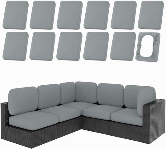 hyha 12Pcs Patio Cushion Covers, Stretch Outdoor Couch Cushion Covers Replacement, Washable Outdoor Chair/Sofa Slipcovers for Patio Furniture Cushions Protector with Elastic Bottom(Gray,Cover Only)