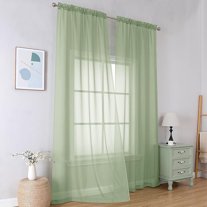 Simplebrand Light Green Sheer Curtains 72 Inches Long 2 Panels for Living Room, Rod Pockets Airy Window Treatments Voile Sheer Curtains Panels Lightweight for Front Back Patio Glass Door, 42" Width