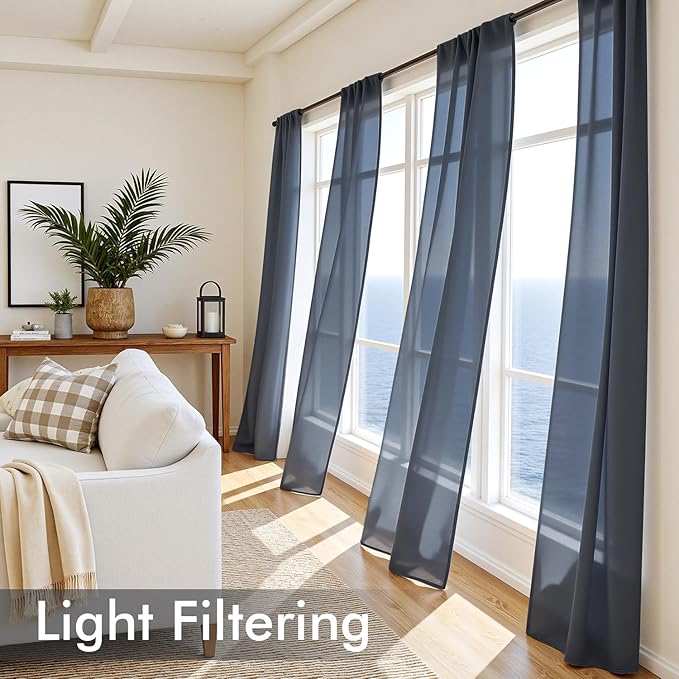 MIULEE Navy Blue Sheer Curtains 108 Inches Long, 4 Panels Set, Light Filtering Rod Pocket Voile Drapes Window Treatments, Semi Transparent Airy Fabric for Bedroom and Living Room, 42 x 108 Inches