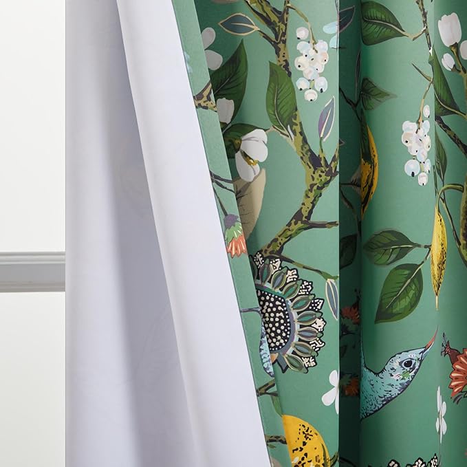 Topfinel 92 Inches Long Custom Sage Green Luxury Curtains for Living Room Bedroom, Blackout Vintage Victorian Curtains Floral Lemon Hummingbird Printed Grommet Drape 92 Inch Length