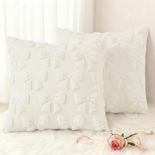 decorUhome Cream White Bow Pillow Covers Set of 2 Coquette Aesthetic Cute Preppy Plush Faux Pillowcases for Girly Bedroom or Couch 18x18 Inch