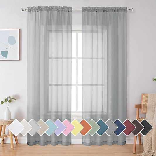 Simplebrand Light Grey Sheer Curtains 72 Inches Long 2 Panels for Living Room, Rod Pockets Airy Window Treatments Voile Sheer Black Curtains Panels Lightweight for Front Back Patio Glass Door, 42" W