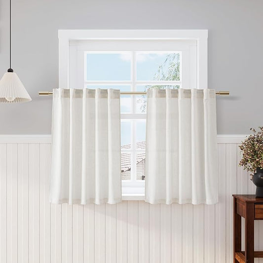 Nanspring Cream 36 Inch Length Kitchen Curtains Linen Blend Back Tab Privacy Light Filtering Bathroom Window Curtains Modern Sheer Short Curtain for Front Small Door Window Laundry RV Camper 26x36
