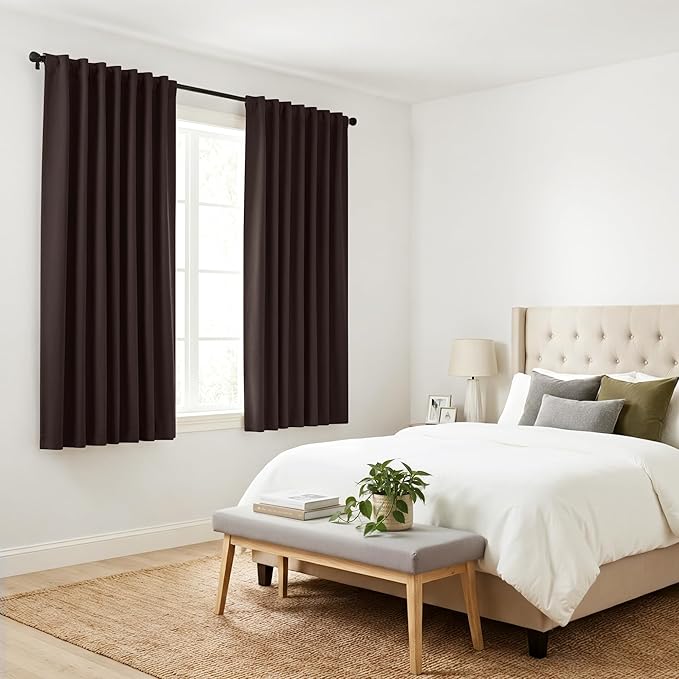 PONY DANCE Blackout Curtains Short - Bedroom Window Draperies Energy Efficient Thermal Insulated Back Tab/Rod Pocket Curtain Panels/Window Treatments for Kitchen, 42 W x 45 L, Brown, 2 Pieces