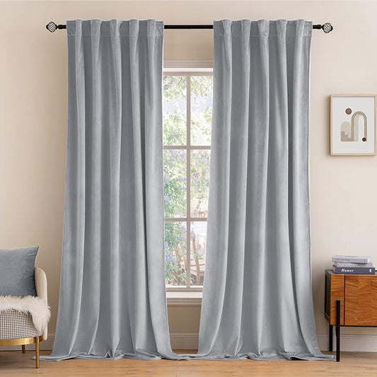 MIULEE Greyish White Velvet Curtains 108 inches Long 2 Panels - Luxury Blackout Curtains for Bedroom Living Room Thermal Insulated Fall Decor Super Soft Window Drapes Rod Pocket & Back Tab