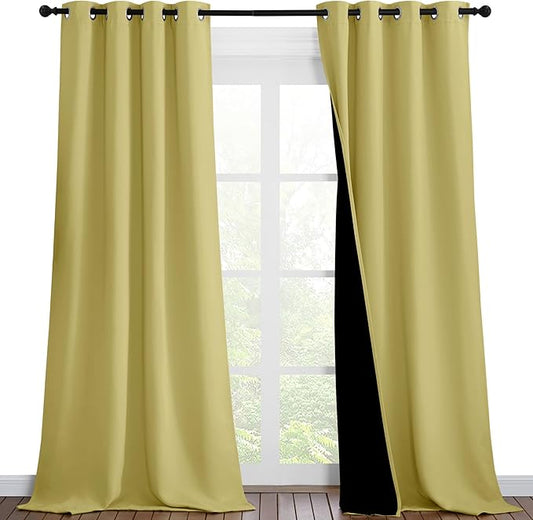 NICETOWN 100% Blackout Blinds, Set of 2, 46 inches x 96 inches, Laundry Room Decor Window Treatment Curtains for Large Patio Sliding Door, Thermal Insulated Paler Yellow Curtains for Bedroom