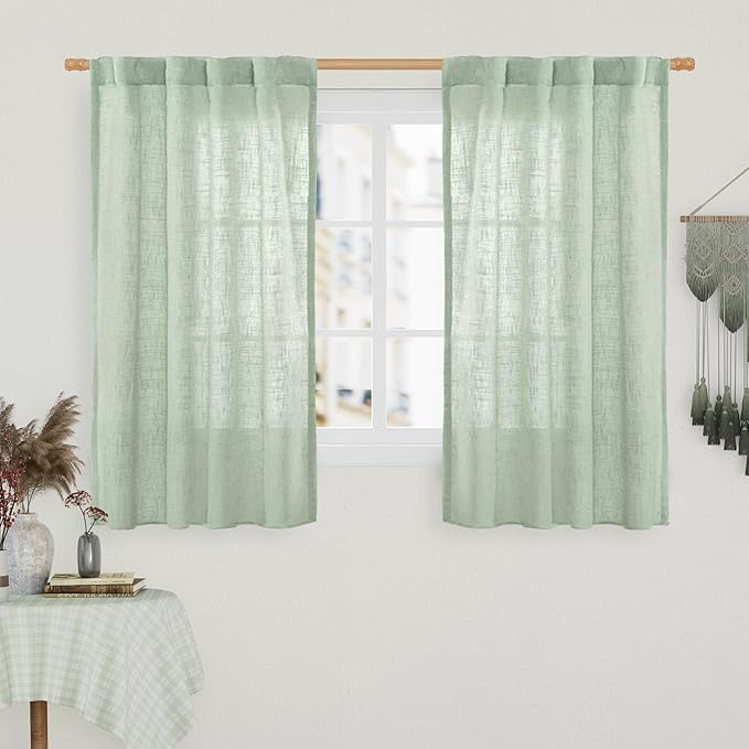LAMIT Fresh Green Linen Curtains 45 Inch Length 2 Panels, Light Filtering Panels Back Tab and Rod Pocket Country Decor Drapes for Kitchen/Window/Loft Room/Bedroom, 34 x 45 Inch