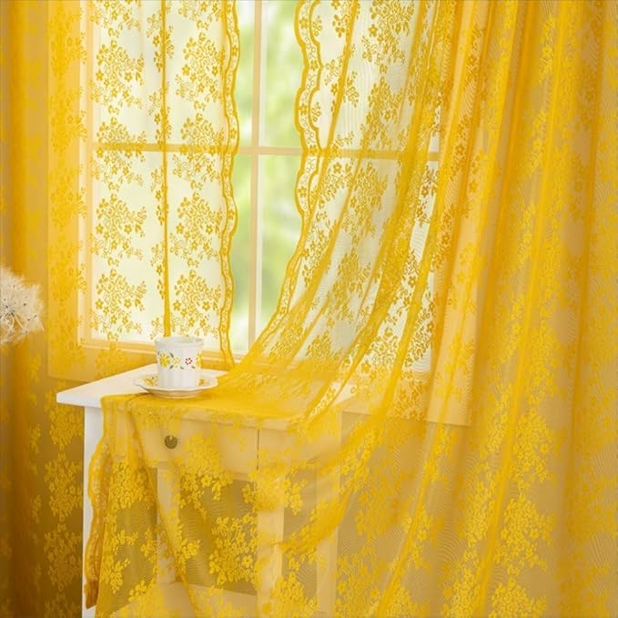 YJ YANJUN Vintage Lace Curtains 108 Inches Long- Retro Floral Mid Century Modern Sheer Curtain Panels Funky Embroidery Pioneer Woman Drapes Fall Decor 2 Panels W52 x L108 Gold