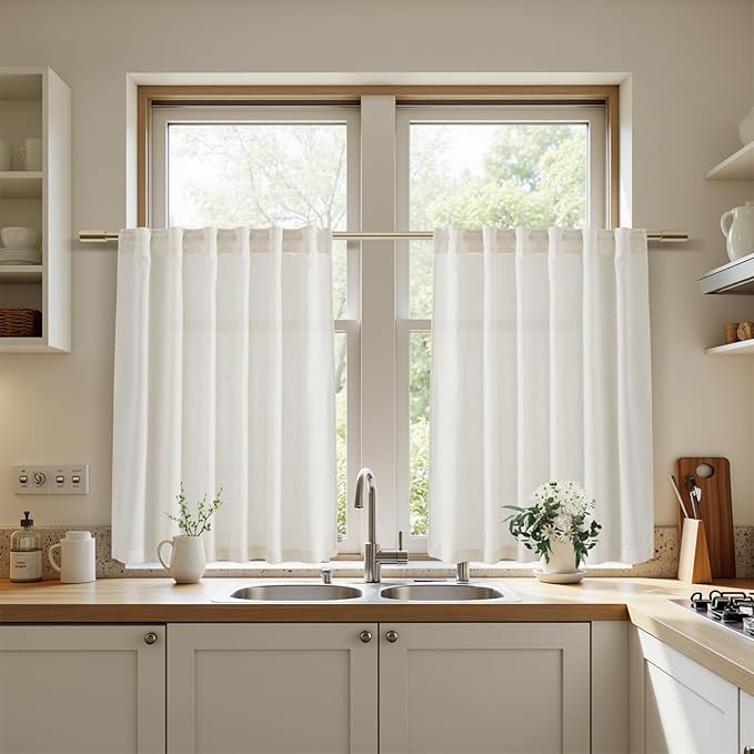 Nanspring 45 Inch Short Window Linen Curtains,Kitchen Window Curtains Over Sink Light Filtering Back Tab and Rod Pocket Neutral Drapes for Cafe/Bathroom/Loft Room Natural, 2 Panels 34 x 45 Inch