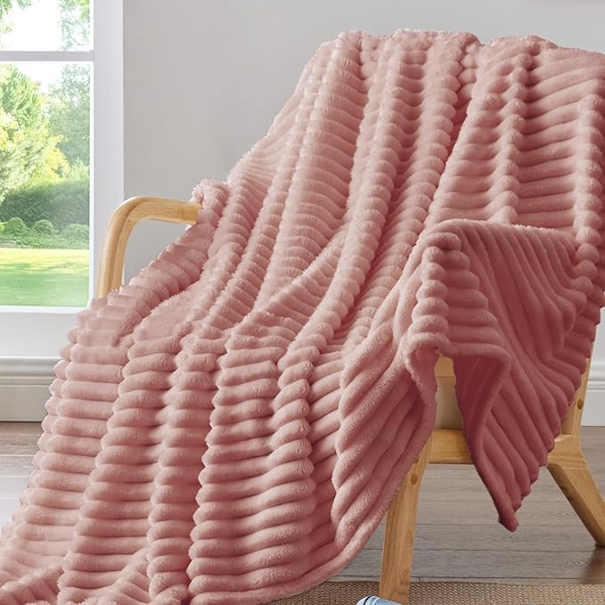 BEDELITE Twin Blanket for Couch & Bed, 300GSM Soft & Warm Fleece Blanket, Decorative and Giftable Striped Dusty Pink Blankets for Women, Men, 60"x80"
