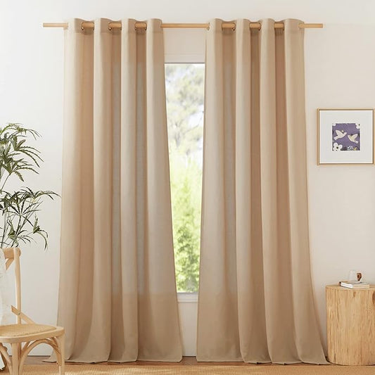 NICETOWN Linen Flax Semi Sheer Curtains 94" Length, Grommet Window Treatments Privacy Added with Light Penetration Vertical Drapes for Loft/Home Office, Camel, W55 x L94, 2 Panels