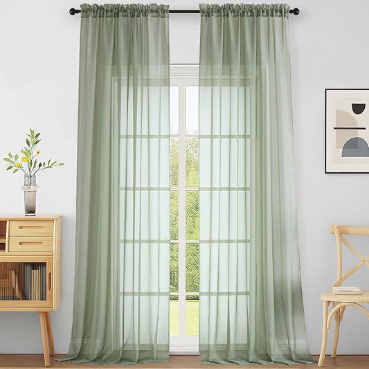 Extra Wide Sage Green Sheer Curtains for Windows 108 inches Long, Lightweight Light Filtering Soft Drapes for Living Room Bedroom, Dual Rod Pocket Sheer Curtains, 2x59Wx108L inches, 9FT, 2PCS