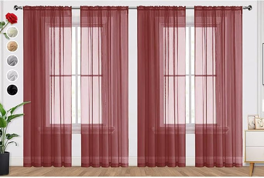 SpaceDresser Burgundy Sheer Curtains 4 Panels Rod Pocket Semi-Sheer Curtain 90 Inches Long Light Filtering Voile Window Drapes for Bedroom Living Room Kitchen, Each 52W x 90L