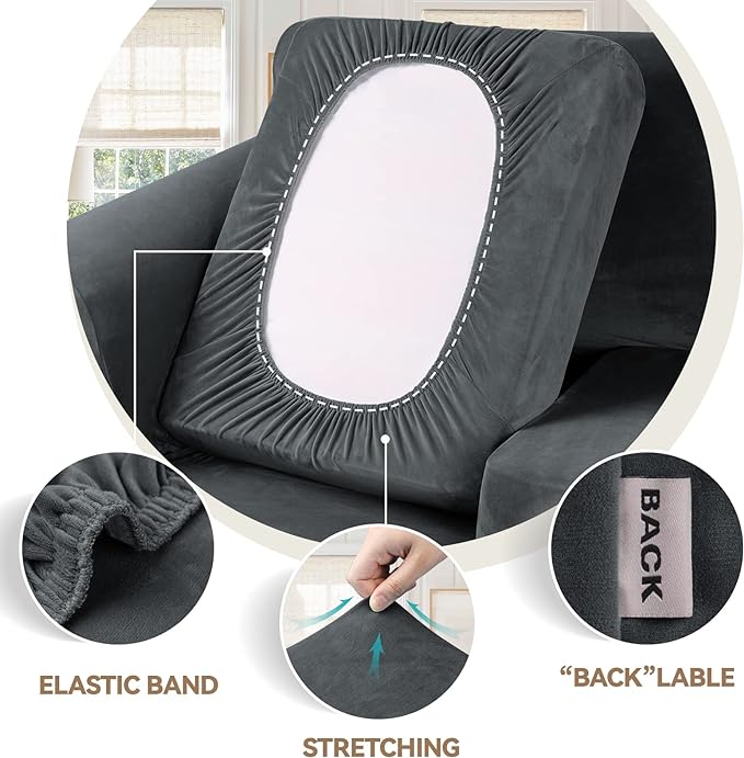 WEERRW 4 Pieces Velvet High Stretch Couch Covers for 3 Cushion Sofa Slipcovers, Washable Furniture Protector with Non Slip Elastic Bottom, Feature Soft and Thick Plush Fabric, Dark Grey, Large