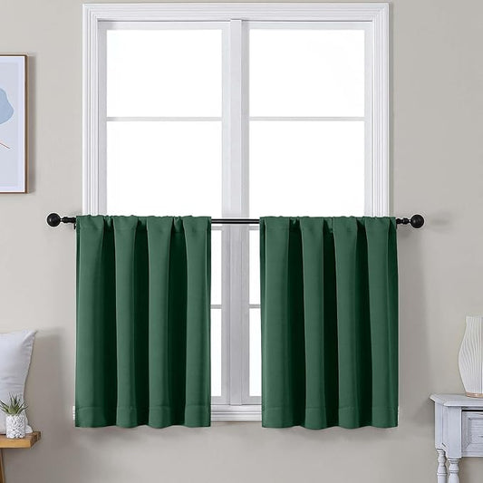 Simplebrand Ava Ever Green Short 24 Inches Blackout Curtain 2 Panels Set, Half Window Rod Pocket Privacy Curtain Tiers for Kitchen, Curtains Blackout for Bathroom Shades, W30 x L24 Inch, Ever Green
