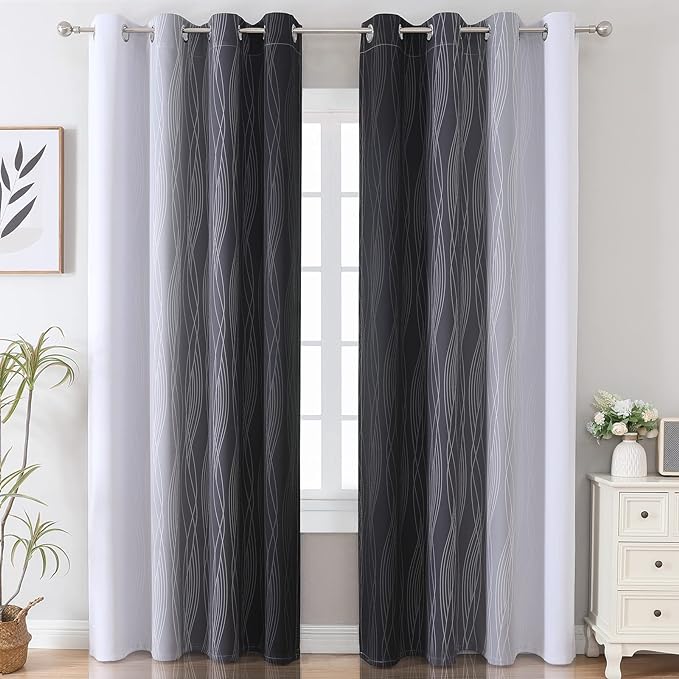 Estelar Textiler Thermal Insulated Blackout Curtains for Bedroom, Ombre Black and Greyish White Blackout Drapes for Living Room, Gradient Full Light Blocking Energy Saving Curtains, 52Wx84L, 2 Panels