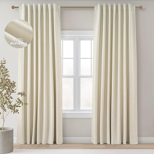 Topfinel 92 Inches Long Custom Black Out Drapery Panels, Rustic Burlap Textured Opaque Pleated Window Coverings, Kids Cream Boho Heat Blocking Back Tab Curtains for Sunroom Bay Window